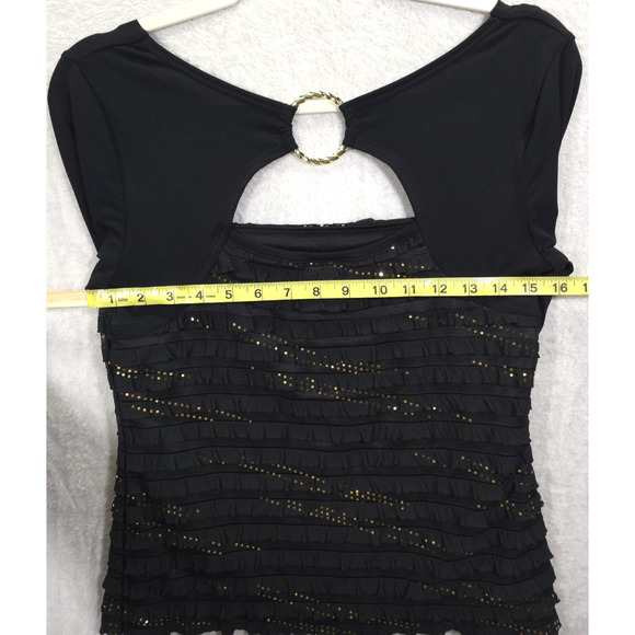 I.N. Studio Gold Embellished Top Ruffled Square Neck Woman SP Black Festive Glam - Picture 7 of 13